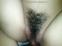 Horny Asian lady with hairy pussy enjoys sex