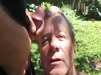 Older bloke collects cum on his face